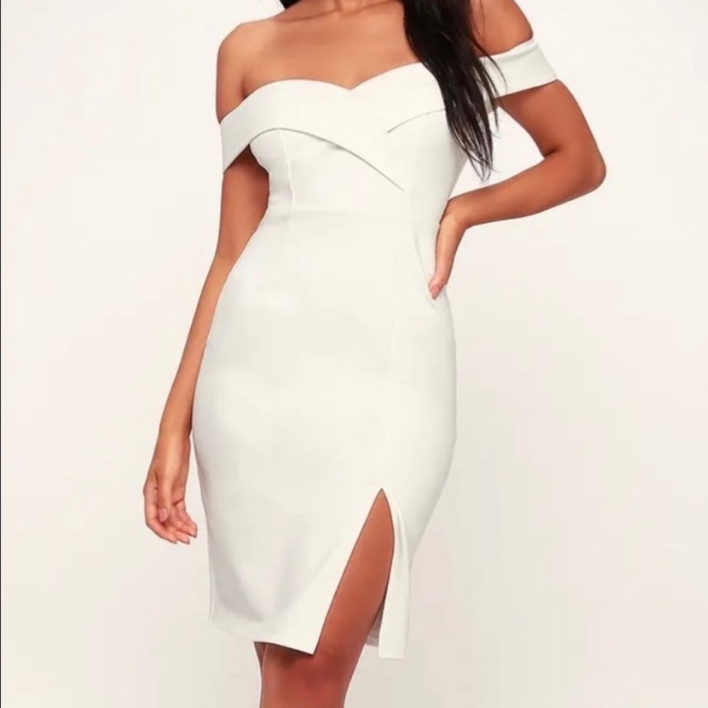 LULU Classic Glam Off Shoulder White Midi Dress